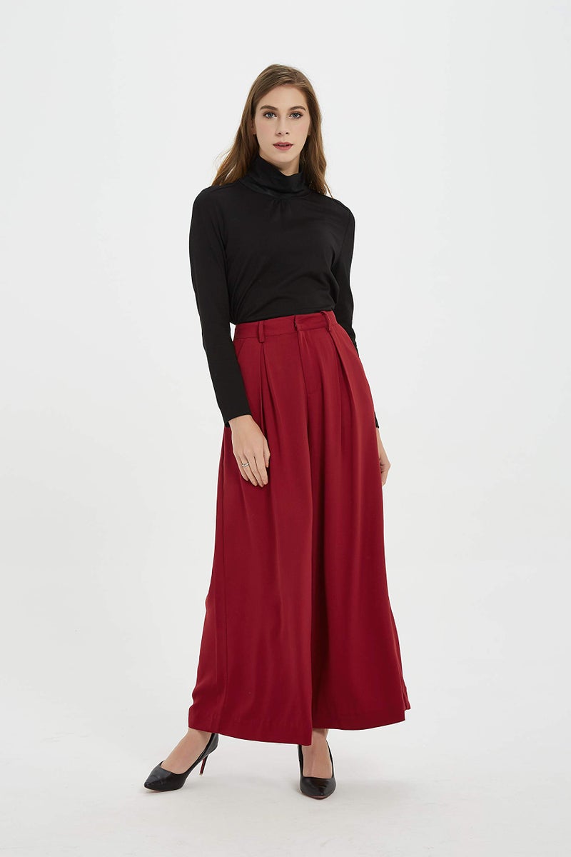 Tronjori Women High Waist Casual Wide Leg Long Palazzo Pants Trousers Regular Size(L, Dark Red) - Image 2